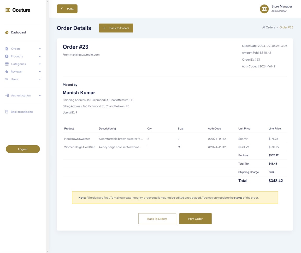 Admin Dashboard Order Detail