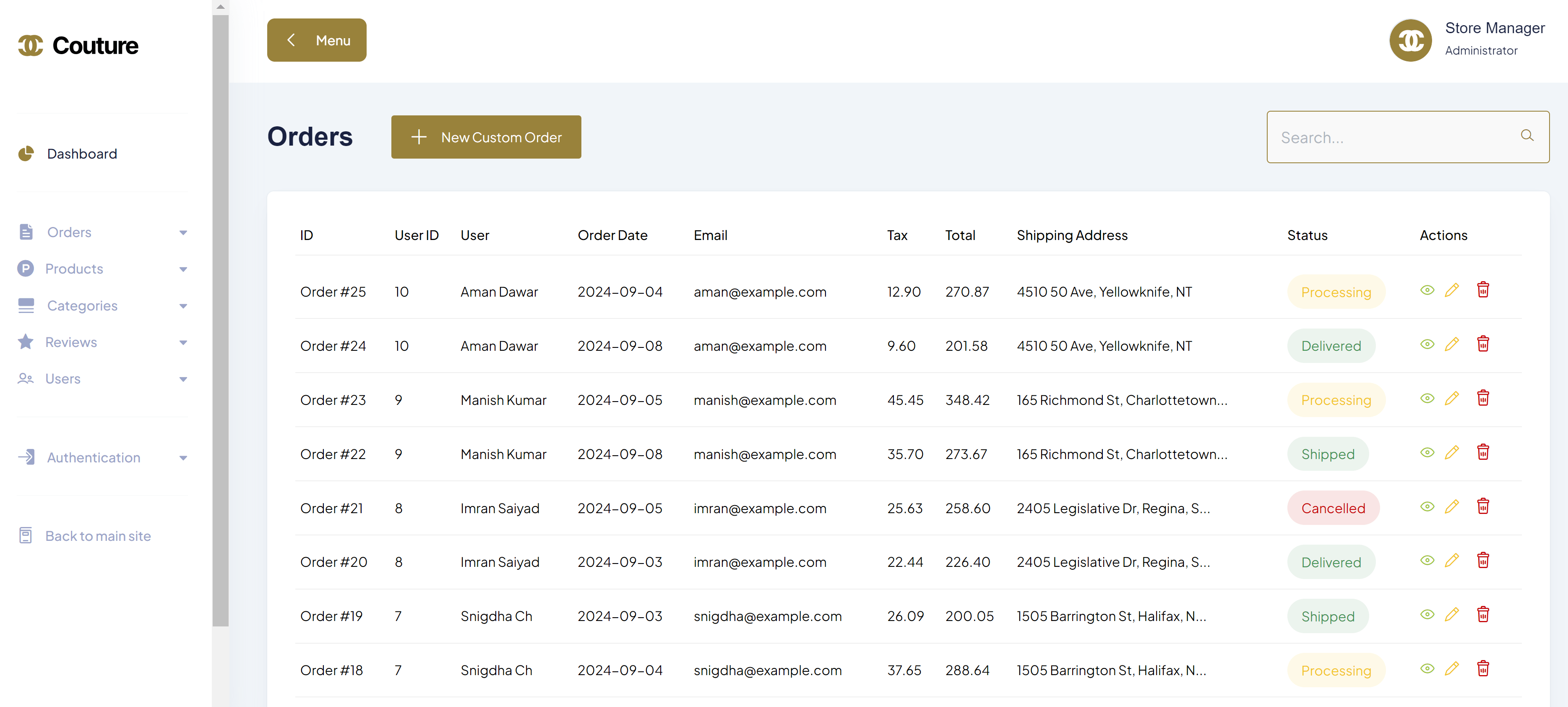 Admin Dashboard Orders