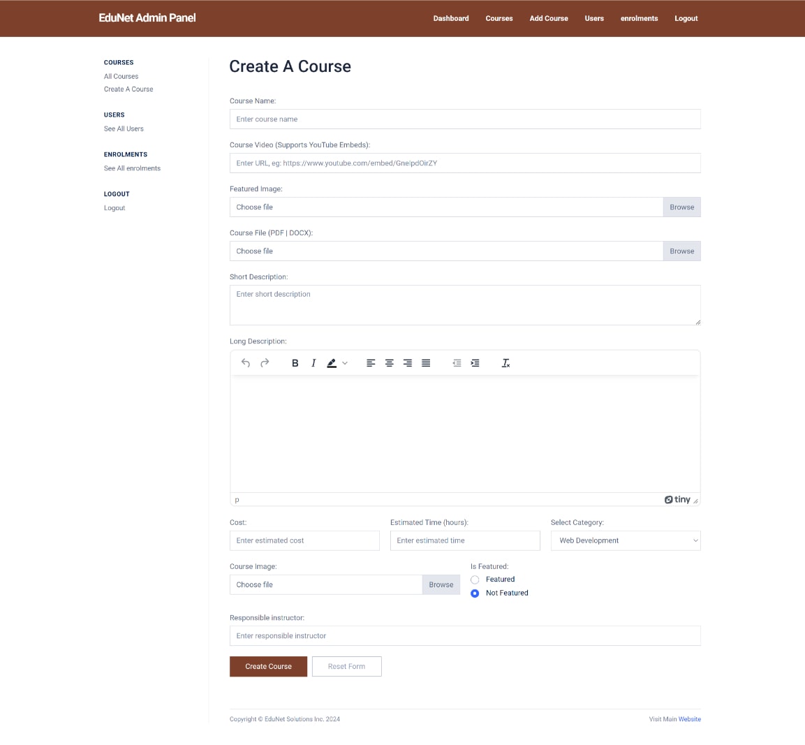 Edunet Create Course Page