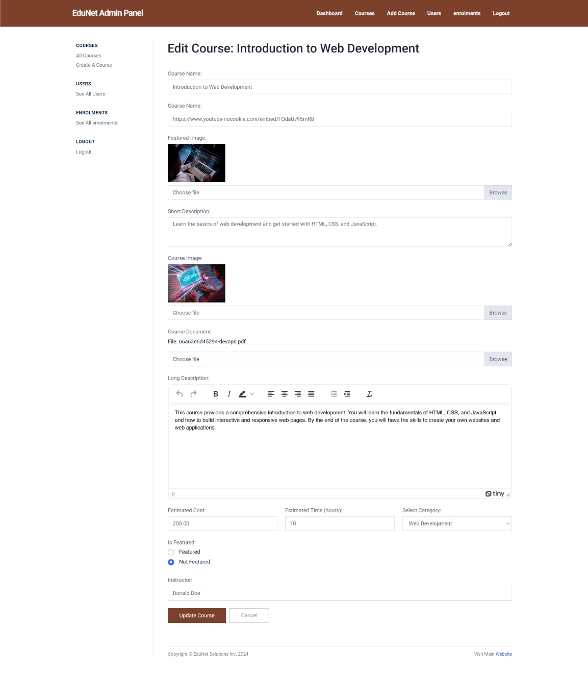Edunet Edit Course Page