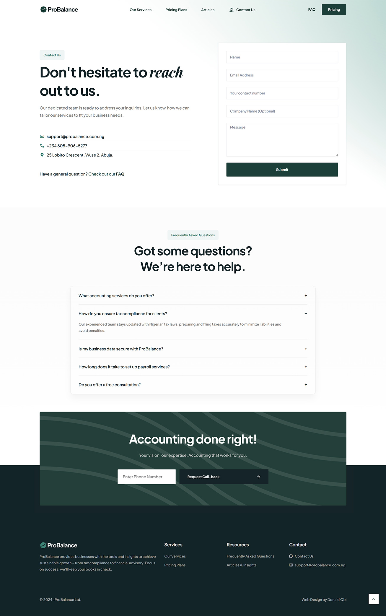Probalance Contacts Page